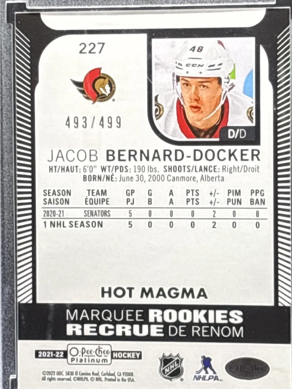 O-Pee-Chee Platinum Marquee Rookies Jacob Bernard-Docker Trading Card LE 493/499